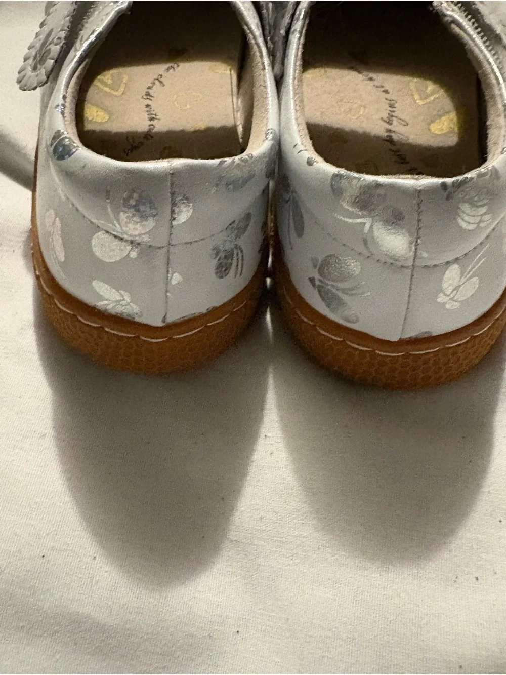 Livie & Luca White Mary Jane Shoes with Silver Holographic Butterflies